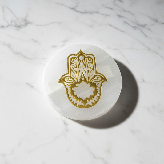 Hamsa symbol selenite Golden Circle plate