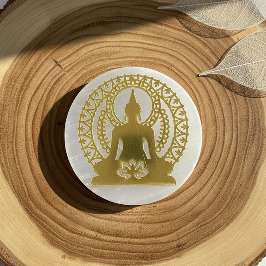 Buddha selenite Golden Circle plate