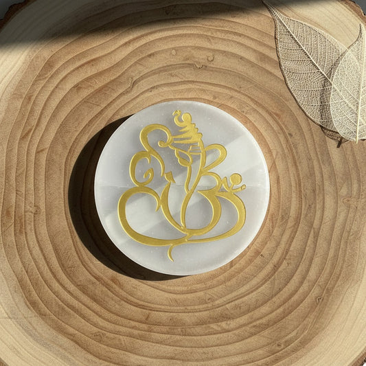 Ganesha selenite Golden Circle plate
