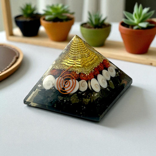 Pyrite Crystal Money Magnet Pyramid with Shree Yantra & Copper Spiral