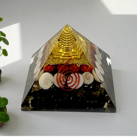 Pyrite Crystal Money Magnet Pyramid with Shree Yantra & Copper Spiral
