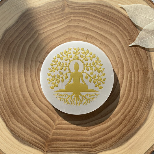 Tree Buddha selenite Golden Circle plate