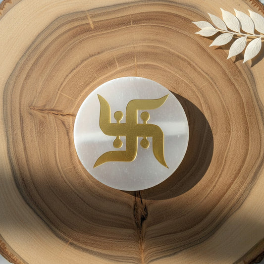 Swastik selenite Golden Circle plate