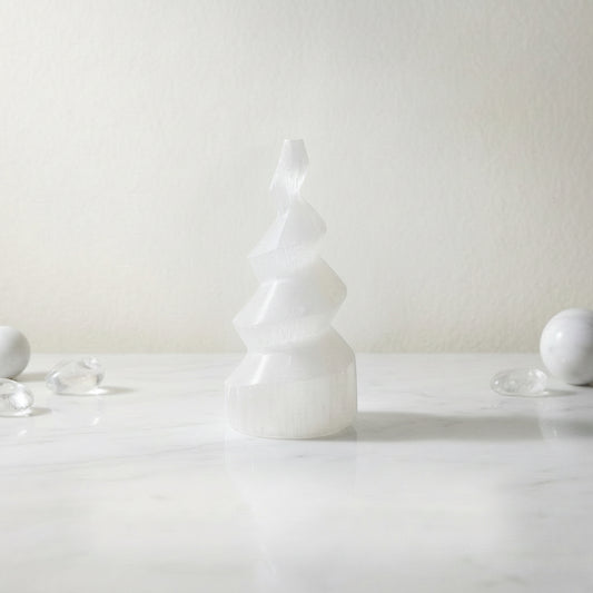Selenite Spiral Tower - 10.16 cm Handcrafted Crystal for Reiki, Healing
