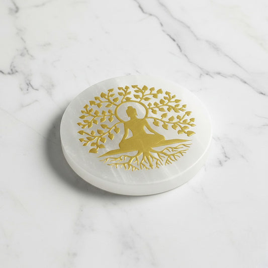 Tree Buddha selenite Golden Circle plate