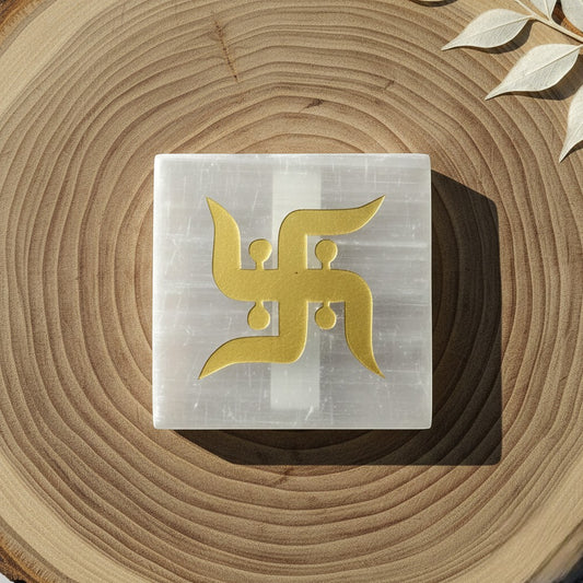 Swastik selenite Golden Square plate
