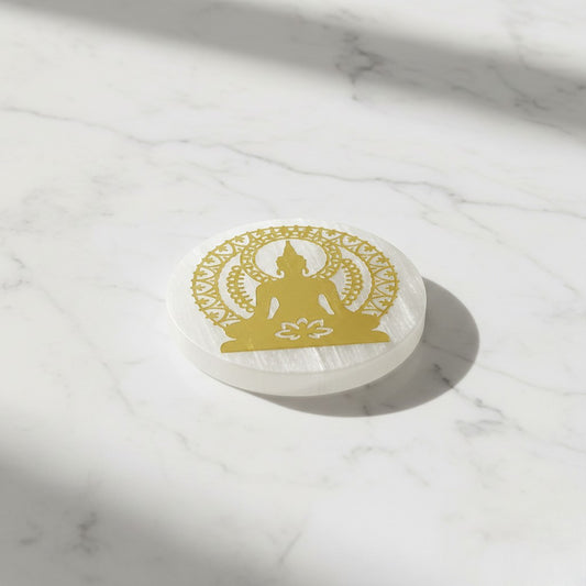 Buddha selenite Golden Circle plate