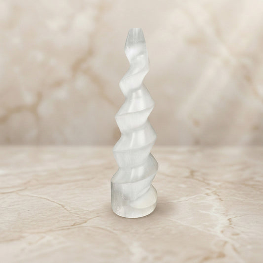 Selenite Spiral Tower - 15.24 cm Handcrafted Crystal for Reiki, Healing