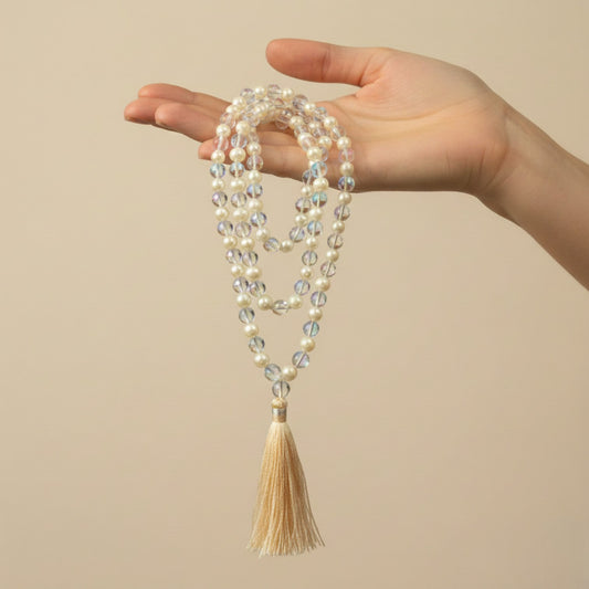 Aura Quartz & Pearl Mala (108 beads) 8 mm
