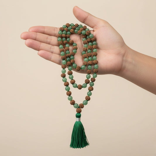 Green Aventurine & Rudraksha Mala (108 beads) 8 mm