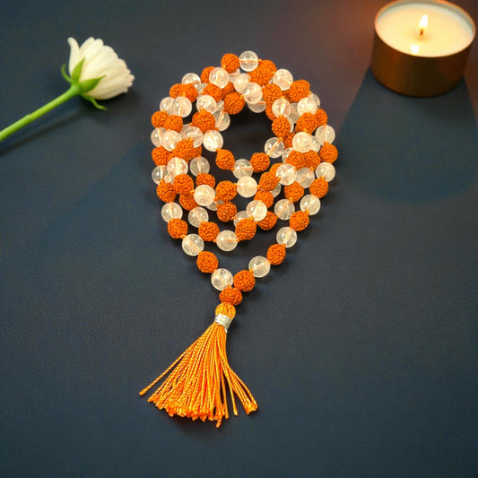 Rudraksha & Crystal Quartz Mala (108 beads) 8 mm