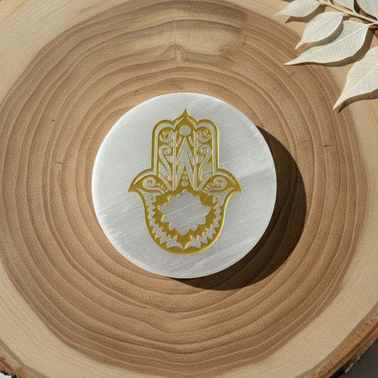 Hamsa symbol selenite Golden Circle plate