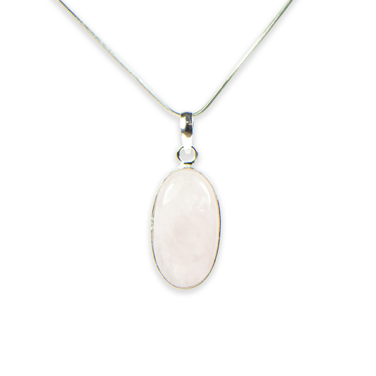 Rose Quartz Stone German-Silver Oval Pendant With Chain