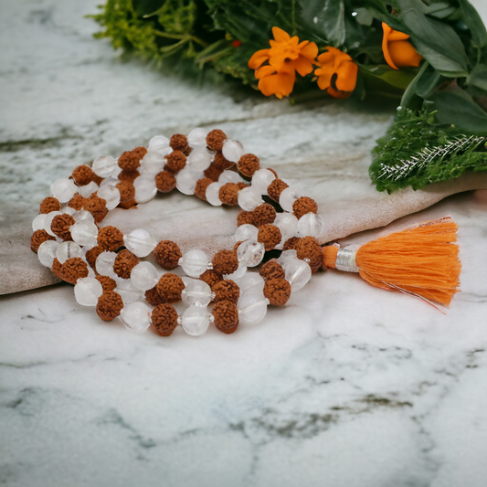 Natural Spartik + Rudraksha Mala 8 mm Round beads, Natural Healing Stone for Japa 108 Beads