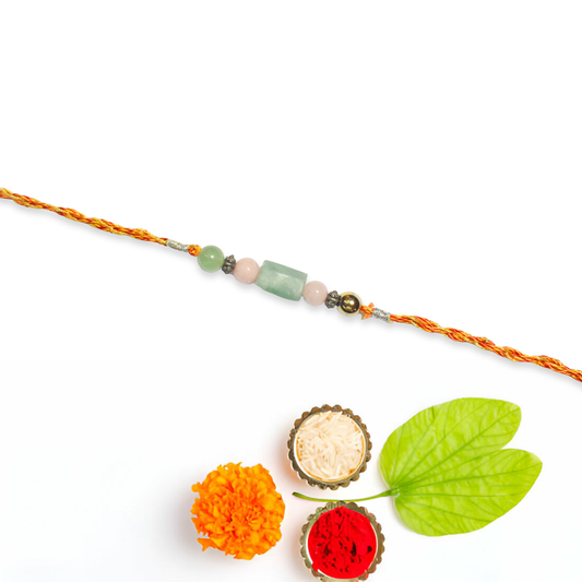 Crystals Rakhi For Bond b/w brother & sister ( Flourite+ Rose Quartz+ Aventurine ) D No. R-09