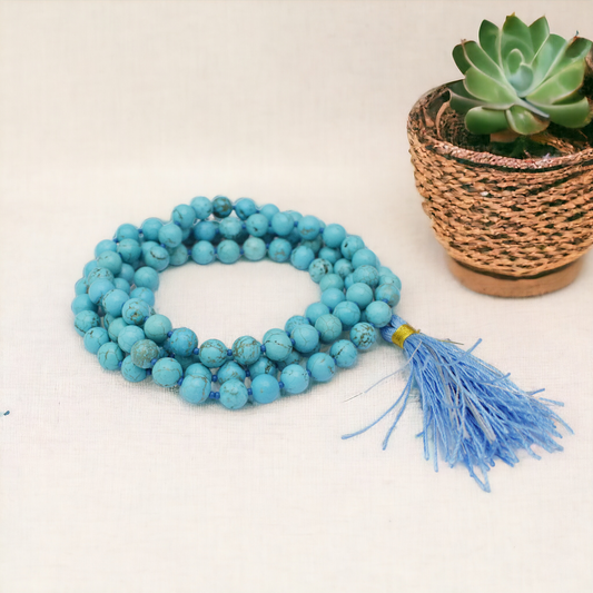 Turquoise Mala (Howlite Firoja Heated Treated) 8 mm Round beads, Healing Stone for Japa 108 Beads