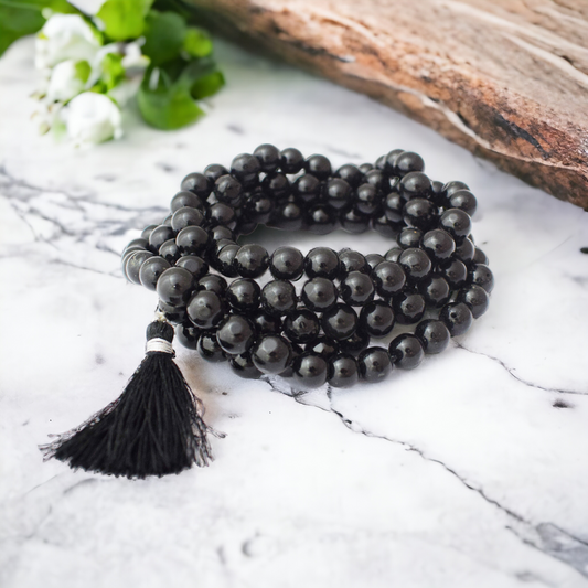 Natural Black Tourmaline Mala 8 mm Round beads, Natural Healing Stone for Japa 108 Beads