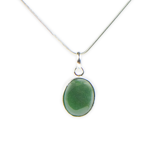 Green Aventurine Stone German Silver Oval Pendant With Chain