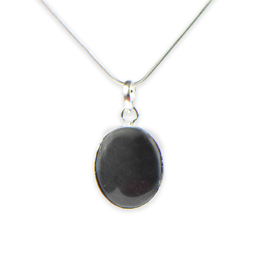 Black Obsidian Stone German Silver Oval-Pendant With Chain