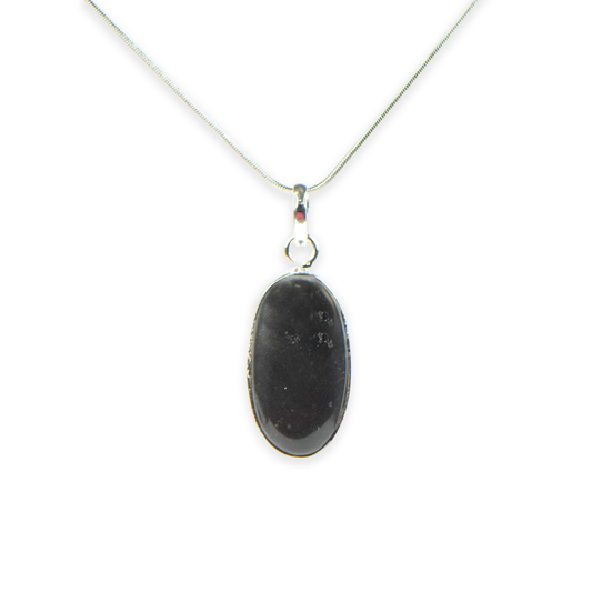 Black Obsidian Stone German Silver Oval Pendant With Chain