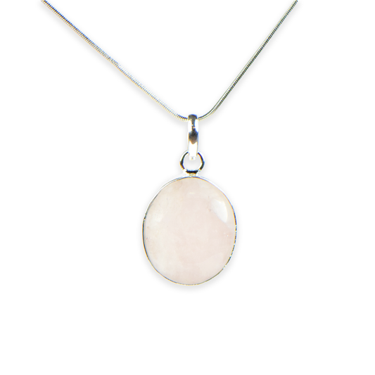 Rose Quartz Stone German Silver Oval Pendant With Chain