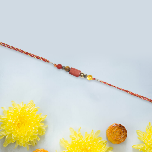 Crystals Rakhi For Prosperity & Stability ( Carnelian+ Tiger+ Jasper+ Pyrite+ Citrine ) D No. R-15