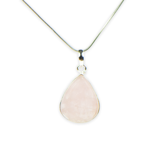 Rose Quartz Stone German Silver Pear Pendant With Chain