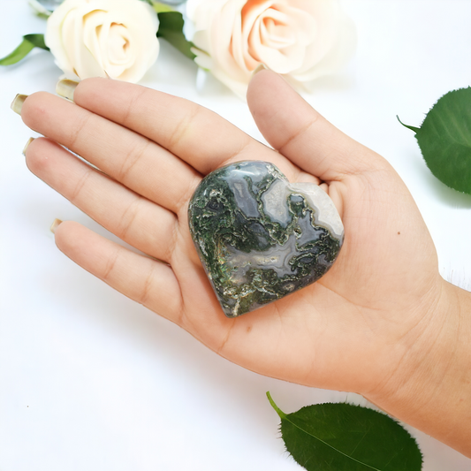 Moss Agate Natural Healing Crystal Stone Heart Shape for Meditation  (60-70 Gm)