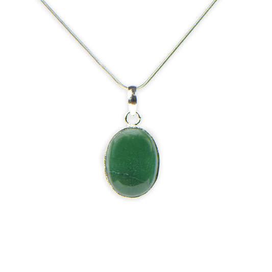 Green Aventurine Stone German Silver Oval-Pendant With Chain