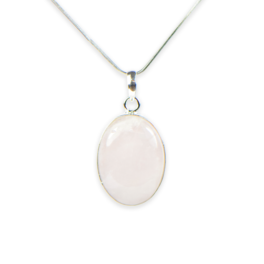 Rose Quartz Stone German Silver Oval-Pendant With Chain