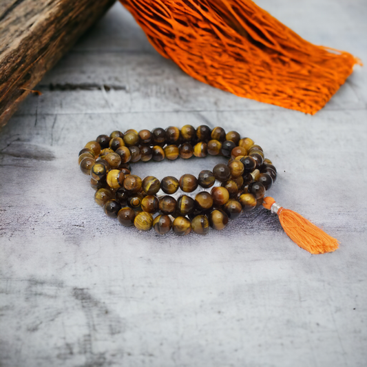 Natural Tiger Eye Mala 8 mm Round beads, Natural Healing Stone for Japa 108 Beads