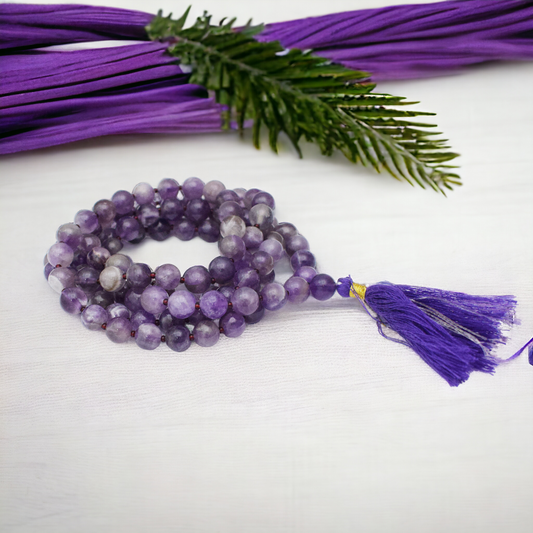 Natural Amethyst Mala 8 mm Round beads, Natural Healing Stone for Japa 108 Beads