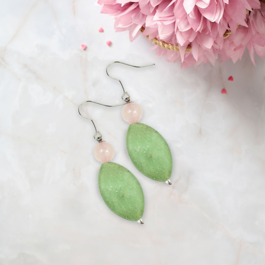 Green Aventurine & Rose Quartz Drop Dangle Earrings