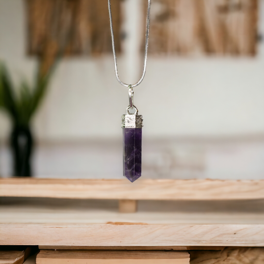 Amethyst Bullet/Pencil Shape Crystal Stone Pendant Locket