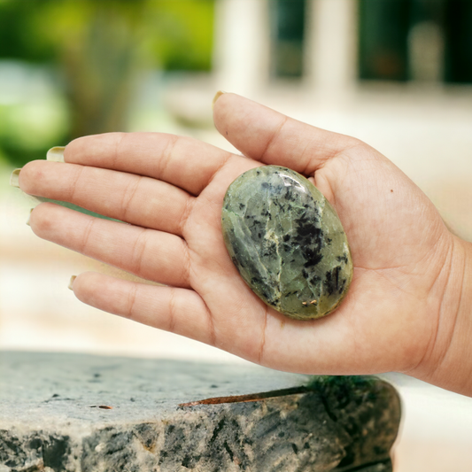 Natural Prehnite Healing Crystal palm Stone for Meditation (60-70 Gm)