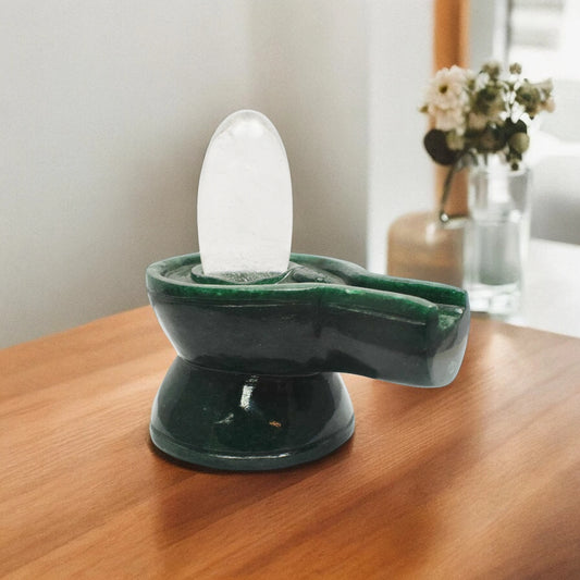 Sphatik Lingam with Green Aventurine Base Crystal Idol Showpieces-826 Gm (Approx.)  Statue Figurine for Home Decoration