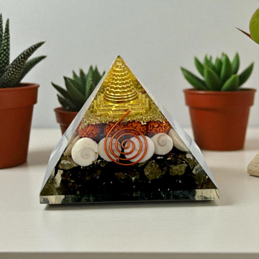 Pyrite Crystal Money Magnet Pyramid with Shree Yantra & Copper Spiral