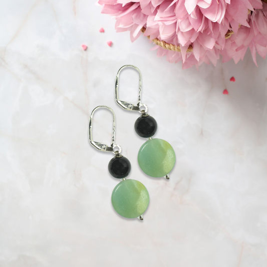 Green Aventurine & Black Obsidian Drop Dangle Earrings