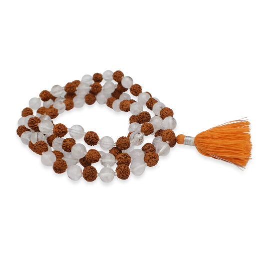 Natural Spartik + Rudraksha Mala 8 mm Round beads, Natural Healing Stone for Japa 108 Beads