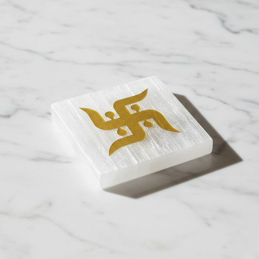 Swastik selenite Golden Square plate