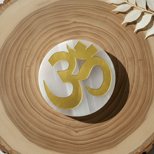 Om Symbol selenite Golden Circle plate