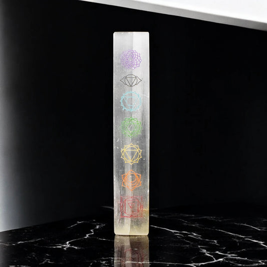 7" Selenite Seven Chakra Symbol Stick