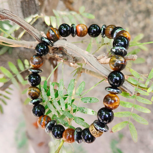 Crystal Bracelet for Triple Protection | Combination Bracelet | Tiger + Hematite + Obsidian