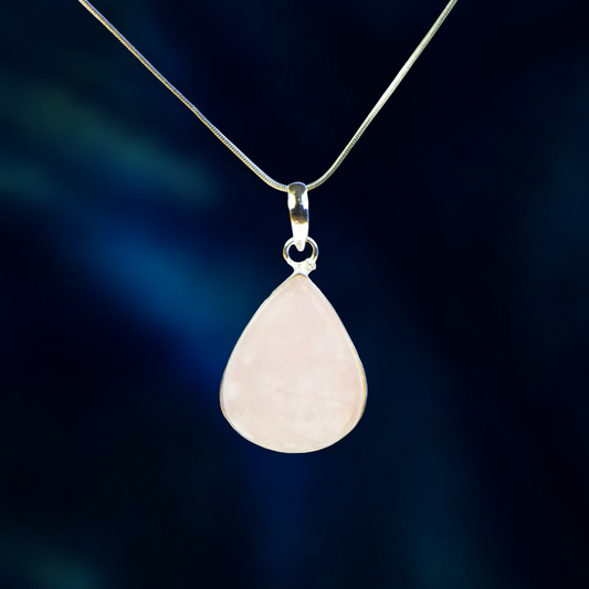 Rose Quartz Stone German Silver Pear Pendant With Chain