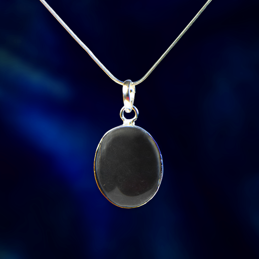 Black Obsidian Stone German Silver Oval-Pendant With Chain