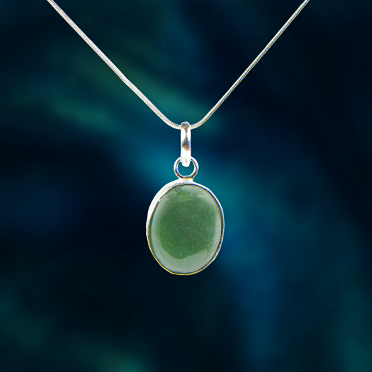 Green Aventurine Stone German Silver Oval Pendant With Chain