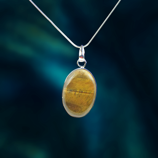 Tiger Eye Stone German Silver Oval Pendant With Chain