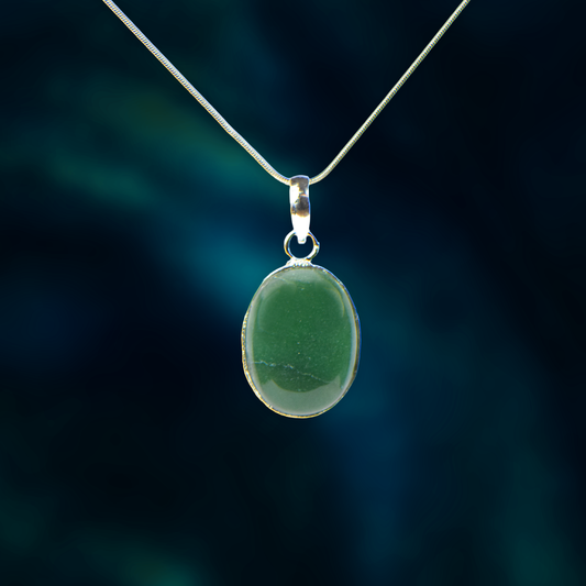 Green Aventurine Stone German Silver Oval-Pendant With Chain