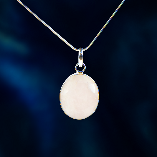 Rose Quartz Stone German Silver Oval Pendant With Chain