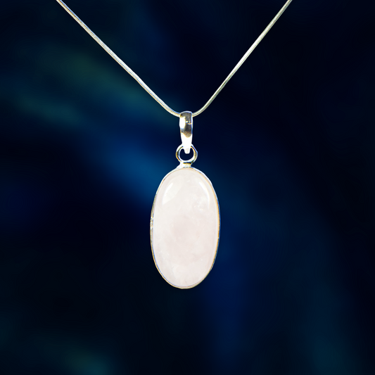 Rose Quartz Stone German-Silver Oval Pendant With Chain